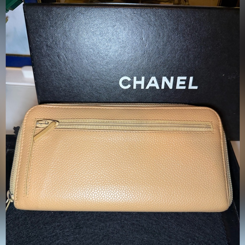 Authentic CHANEL Camel Leather Zip Wallet with box, COA - Picture 3 of 17